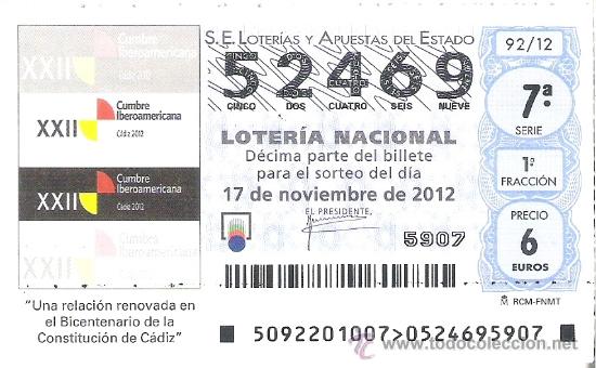 Nationale spanische Lotterie: 1 DECIMO LOTERIA DE SABADO - 17 NOVIEMBRE 2012 92/12 - BICENTENARIO CONSTITUCION CADIZ 1812 PEPA
