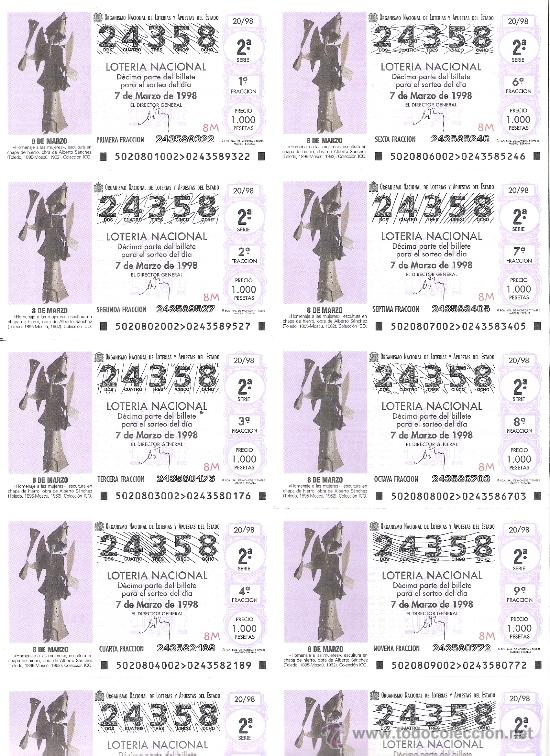 Nationale spanische Lotterie: 1 BILLETE LOTERIA DEL SABADO - 7 MARZO 1998 - 20/98 - HOMENAJE A LAS MUJERES