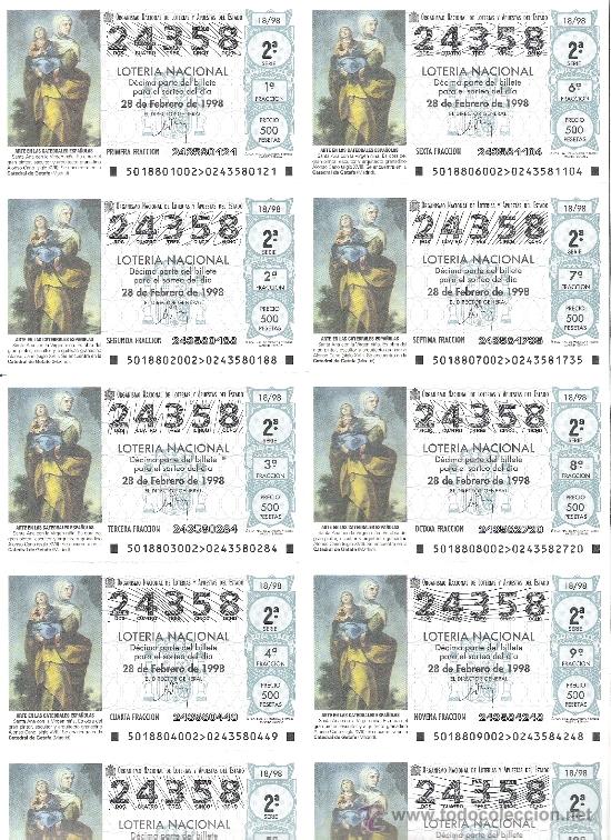 Nationale spanische Lotterie: 1 BILLETE LOTERIA DEL SABADO - 28 FEBRERO 1998 - 18/98 - SANTA ANA Y VIRGEN - CATEDRAL DE GETAFE