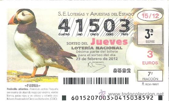 Nationale spanische Lotterie: 1 DECIMO LOTERIA DEL JUEVES - 23 FEBRERO 2012 - 15/12 FAUNA - AVES O PAJAROS - FRAILECILLO ATLANTICO
