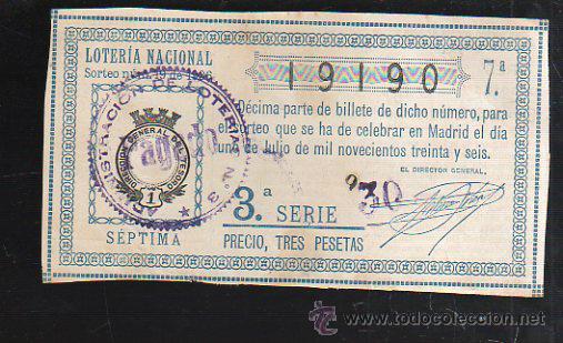National Spanish Lottery: LOTERIA NACIONAL. SORTEO NUM 19. DE 1936. 1 DE JULIO. VER DORSO