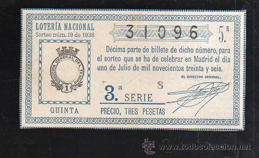 National Spanish Lottery: LOTERIA NACIONAL. SORTEO NUM 19. DE 1936. 1 DE JULIO. VER DORSO
