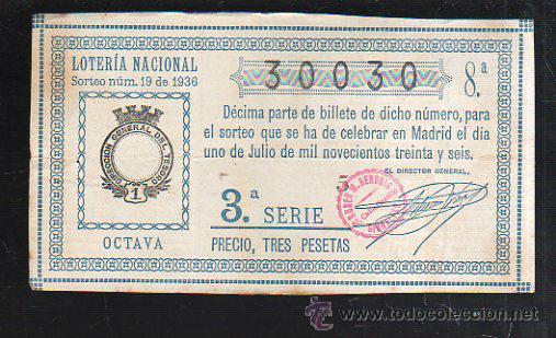 National Spanish Lottery: LOTERIA NACIONAL. SORTEO NUM 19. DE 1936. 1 DE JULIO. VER DORSO