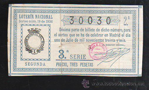 National Spanish Lottery: LOTERIA NACIONAL. SORTEO NUM 19. DE 1936. 1 DE JULIO. VER DORSO
