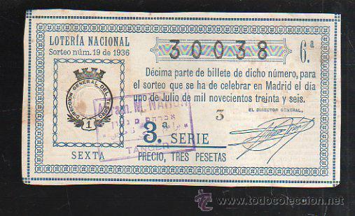 National Spanish Lottery: LOTERIA NACIONAL. SORTEO NUM 19. DE 1936. 1 DE JULIO. VER DORSO