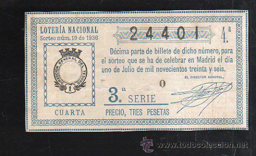 National Spanish Lottery: LOTERIA NACIONAL. SORTEO NUM 19. DE 1936. 1 DE JULIO. VER DORSO