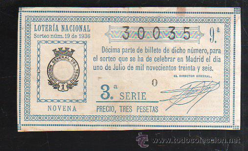 National Spanish Lottery: LOTERIA NACIONAL. SORTEO NUM 19. DE 1936. 1 DE JULIO. VER DORSO