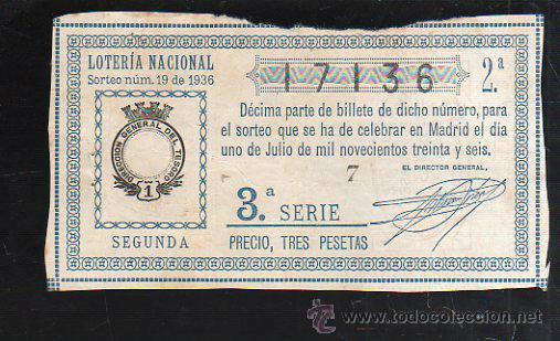 National Spanish Lottery: LOTERIA NACIONAL. SORTEO NUM 19. DE 1936. 1 DE JULIO. VER DORSO