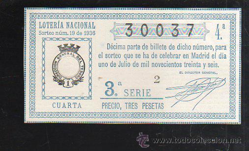 National Spanish Lottery: LOTERIA NACIONAL. SORTEO NUM 19. DE 1936. 1 DE JULIO. VER DORSO