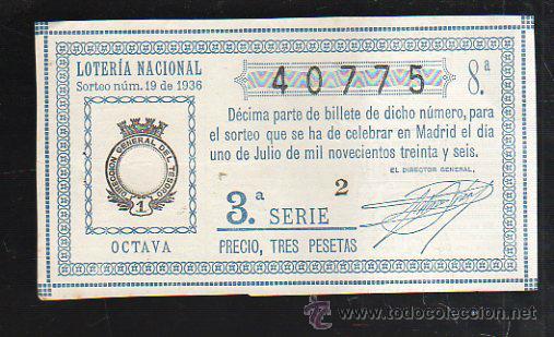 National Spanish Lottery: LOTERIA NACIONAL. SORTEO NUM 19. DE 1936. 1 DE JULIO. VER DORSO