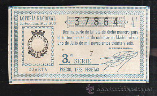 National Spanish Lottery: LOTERIA NACIONAL. SORTEO NUM 19. DE 1936. 1 DE JULIO. VER DORSO