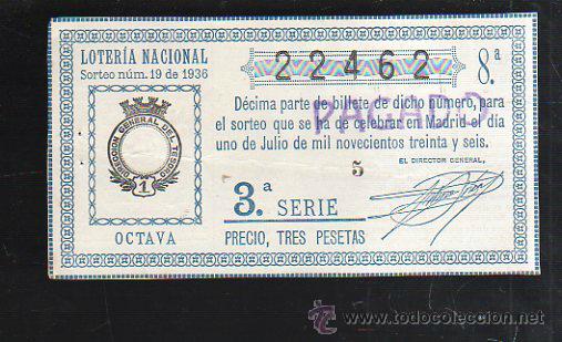 National Spanish Lottery: LOTERIA NACIONAL. SORTEO NUM 19. DE 1936. 1 DE JULIO. VER DORSO
