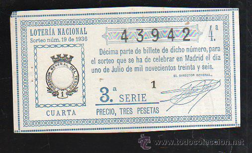 National Spanish Lottery: LOTERIA NACIONAL. SORTEO NUM 19. DE 1936. 1 DE JULIO. VER DORSO