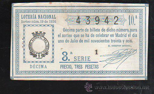 National Spanish Lottery: LOTERIA NACIONAL. SORTEO NUM 19. DE 1936. 1 DE JULIO. VER DORSO