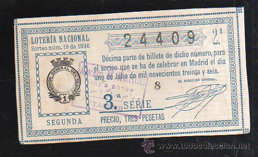 National Spanish Lottery: LOTERIA NACIONAL. SORTEO NUM 19. DE 1936. 1 DE JULIO. VER DORSO