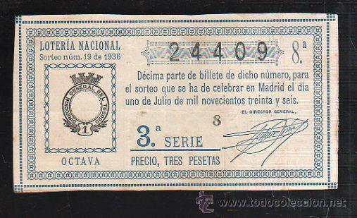 National Spanish Lottery: LOTERIA NACIONAL. SORTEO NUM 19. DE 1936. 1 DE JULIO. VER DORSO