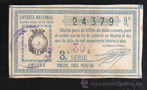 National Spanish Lottery: LOTERIA NACIONAL. SORTEO NUM 19. DE 1936. 1 DE JULIO. VER DORSO