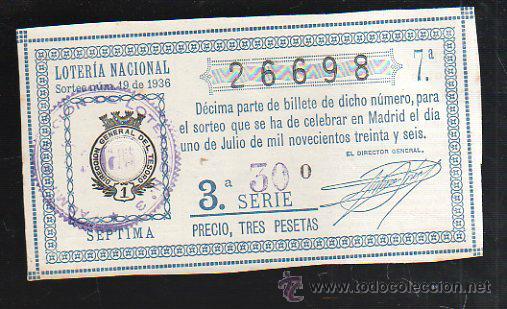 National Spanish Lottery: LOTERIA NACIONAL. SORTEO NUM 19. DE 1936. 1 DE JULIO. VER DORSO