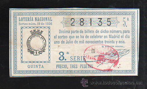 National Spanish Lottery: LOTERIA NACIONAL. SORTEO NUM 19. DE 1936. 1 DE JULIO. VER DORSO
