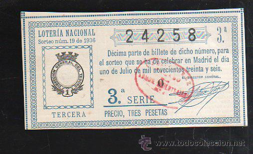 National Spanish Lottery: LOTERIA NACIONAL. SORTEO NUM 19. DE 1936. 1 DE JULIO. VER DORSO