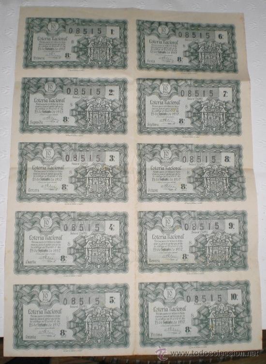 National Spanish Lottery: Loter&iacute;a Nacional, 8&ordf; serie del n&ordm; 8515. Sorteo 25 de Sep. de 1957. Adm. n&ordm; 6 Jose M&ordf; Sio - A Coru&ntilde;a.