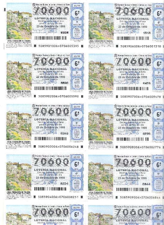 National Spanish Lottery: 1 BILLETE LOTERIA DEL SABADO - 23 OCTUBRE 1999 - 85/99 - MUSEO VICTORIO MACHO ROCA TARPEYA - TOLEDO