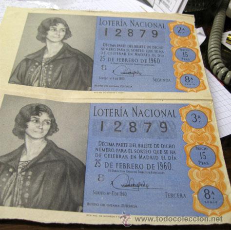 Lotaria Nacional: 2 UDS D&Eacute;CIMO LOTERIA NACIONAL 25 FEBRERO 1960 SORTEO 6 N&ordm; 12879 ORIGINAL
