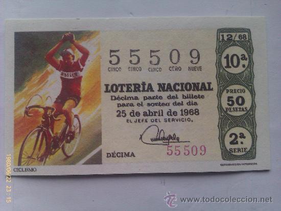Loter&iacute;a nacional: D&eacute;cimo Loter&iacute;a Nacional. 50 Pesetas. 25-4-1968. Ciclismo.