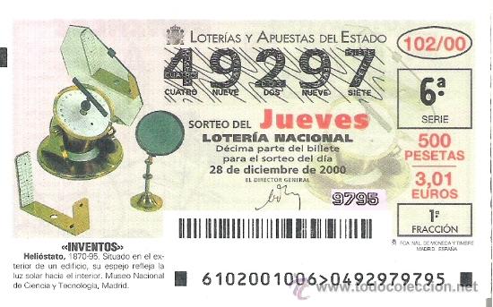 Lotaria Nacional: 1 DECIMO LOTERIA DEL JUEVES - 28 DICIEMBRE 2000 - 102/00 - INVENTOS - HELIOSTATO