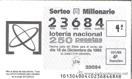 Nationale spanische Lotterie: 1 DECIMO LOTERIA DEL JUEVES - 18 DICIEMBRE 1993 - 101/93 - SORTEO MILLONARIO - ZODIACO