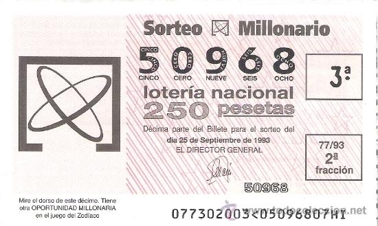 Nationale spanische Lotterie: 1 DECIMO LOTERIA DEL JUEVES - 25 SEPTIEMBRE 1993 - 77/93 - SORTEO MILLONARIO - ZODIACO