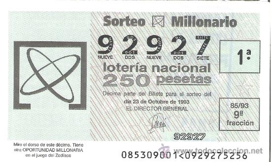 Nationale spanische Lotterie: 1 DECIMO LOTERIA DEL JUEVES - 23 OCTUBRE 1993 - 85/93 - SORTEO MILLONARIO - ZODIACO