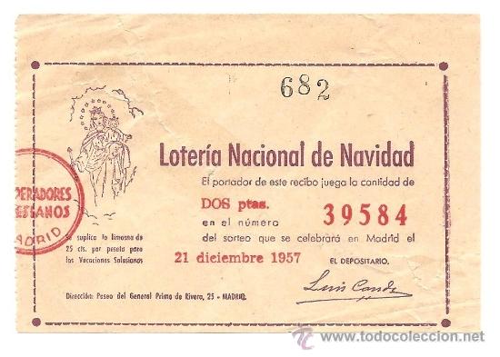 MADRID-PARTICIPACION DOS PESETAS- 21 DICIEMBRE 1957-DE LAS VOCACIONES SALESIANOS (Coleccionismo - Lotería Nacional)
