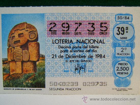 Loter&iacute;a Nacional: MONOLITO DE QUEBRADILLAS. C. DE SAN AGUSTIN -21 DE DICIEMBRE DE 1984 -LOTERIA NACIONAL -29735 -50/84