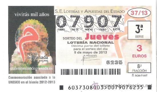 Nationale spanische Lotterie: 1 DECIMO LOTERIA DEL JUEVES - 9 MAYO 2013 - 37/13 - MILENIO REINO DE GRANADA