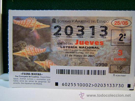Loter&iacute;a Nacional: PEZ TROMPETA DE CUADROS - OXYCIRRHITUS - 31-03-2005 - LOTERIA NACIONAL - JUEVES - 20313 - 25/05.