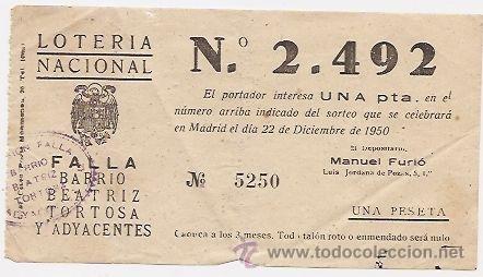 Loter&iacute;a nacional: Fallas de Valencia: participaci&oacute;n de loter&iacute;a de la falla Barrio Beatriz Tortosa. 1950