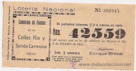 Loter&iacute;a nacional: Valencia. Participaci&oacute;n de loter&iacute;a. 1955. Comisi&oacute;n de fiestas de las calles R&iacute;o y Senda Carmona.Grao