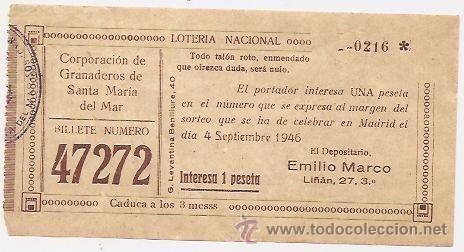 Loter&iacute;a nacional: Corporaci&oacute;n de Granaderos de santa Mar&iacute;a del Mar. Participaci&oacute;n de loter&iacute;a de 1946