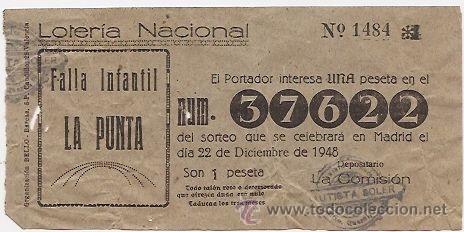 Loter&iacute;a nacional: Fallas de Valencia. Falla Infantil La Punta. Participaci&oacute;n de 1948