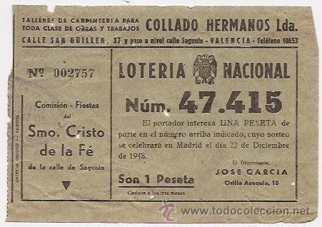 Loter&iacute;a nacional: Valencia. Sant&iacute;simo Cristo de la Fe. Participaci&oacute;n de loter&iacute;a de 1948