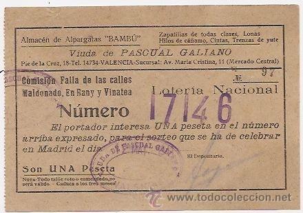 Loter&iacute;a nacional: Valencia. Falla Maldonado En Bany Y Vinatea. Participaci&oacute;n de loter&iacute;a de 1941