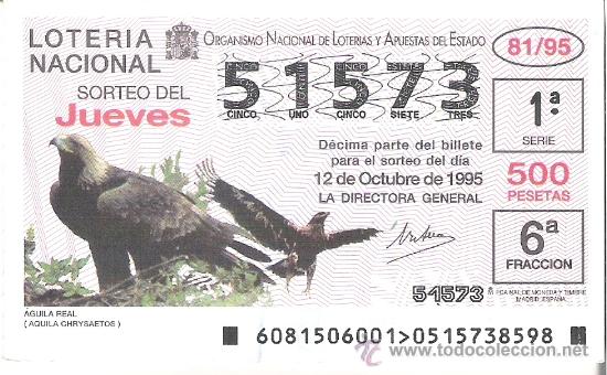 Nationale spanische Lotterie: 1 DECIMO LOTERIA DEL JUEVES - 12 OCTUBRE 1995 - 81/95 - FAUNA - AVES - AGUILA REAL