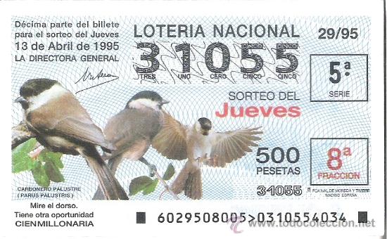Nationale spanische Lotterie: 1 DECIMO LOTERIA DEL JUEVES - 13 ABRIL 1995 - 29/95 - FAUNA - AVES O PAJAROS - CARBONERO PALUSTRE