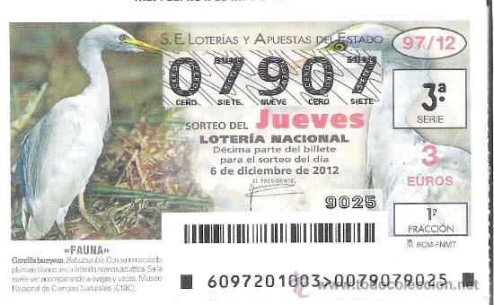 Nationale spanische Lotterie: 1 DECIMO LOTERIA DEL JUEVES - 6 DICIEMBRE 2012 - 97/12 - FAUNA - AVES - GARCILLA BUEYERA