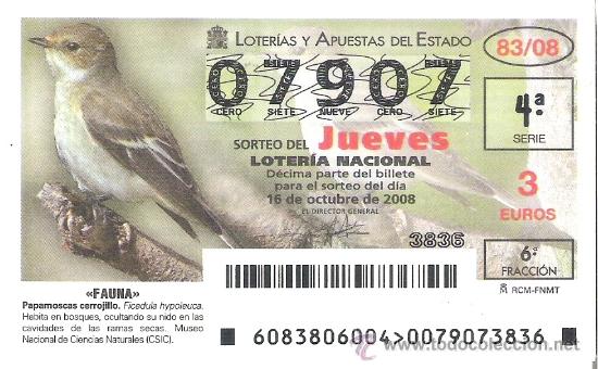 Nationale spanische Lotterie: 1 DECIMO LOTERIA DEL JUEVES - 16 OCTUBRE 2008 - 83/08 - FAUNA - AVES - PAPAMOSCAS CERROJILLO