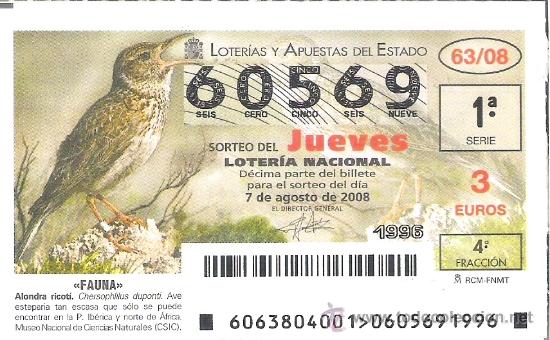 Nationale spanische Lotterie: 1 DECIMO LOTERIA DEL JUEVES - 7 AGOSTO 2008 - 63/08 - FAUNA - AVES ( ALONDRA RICOTI )