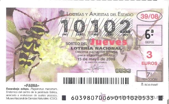 Lotaria Nacional: 1 DECIMO DE LOTERIA DEL JUEVES - 15 MAYO 2008 - 39/08 - FAUNA - INSECTOS - ESCARABAJO AVISPA