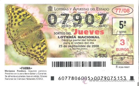 Lotaria Nacional: 1 DECIMO LOTERIA DEL JUEVES - 25 SEPTIEMBRE 2008 - 77/08 - FAUNA - MARIPOSAS - MARIPOSA PANDORA
