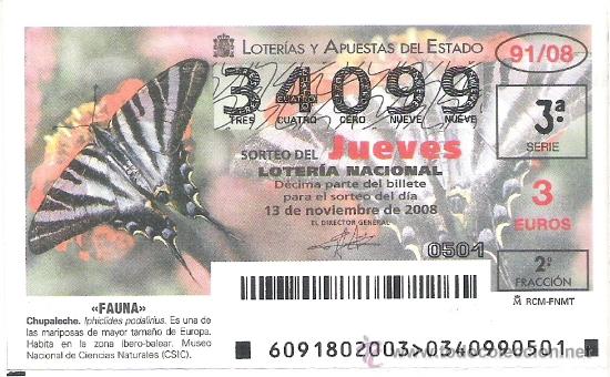 Lotaria Nacional: 1 DECIMO LOTERIA DEL JUEVES - 13 NOVIEMBRE 2008 - 91/08 - FAUNA - INSECTOS - CHUPALECHE